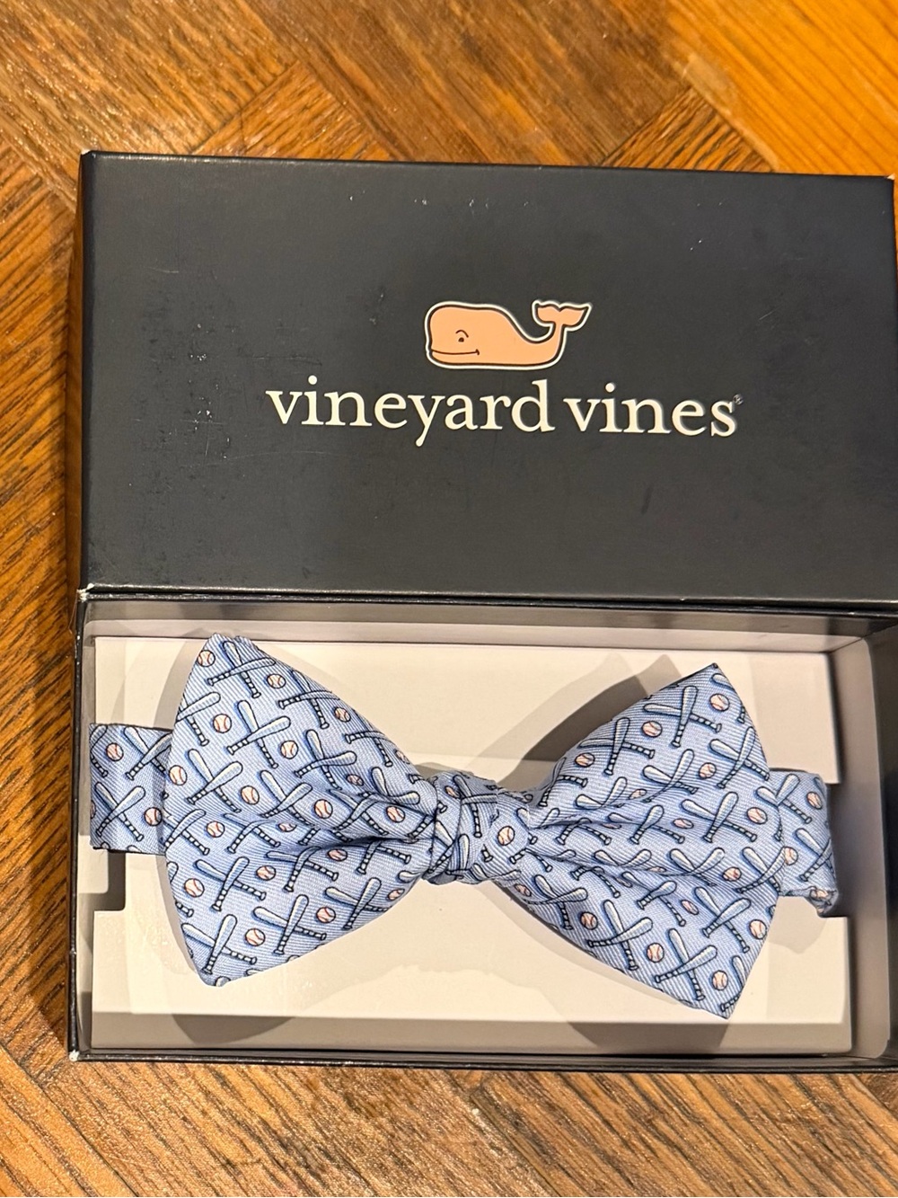 Vineyard Vines Light Blue Bow Tie with Baseball Design